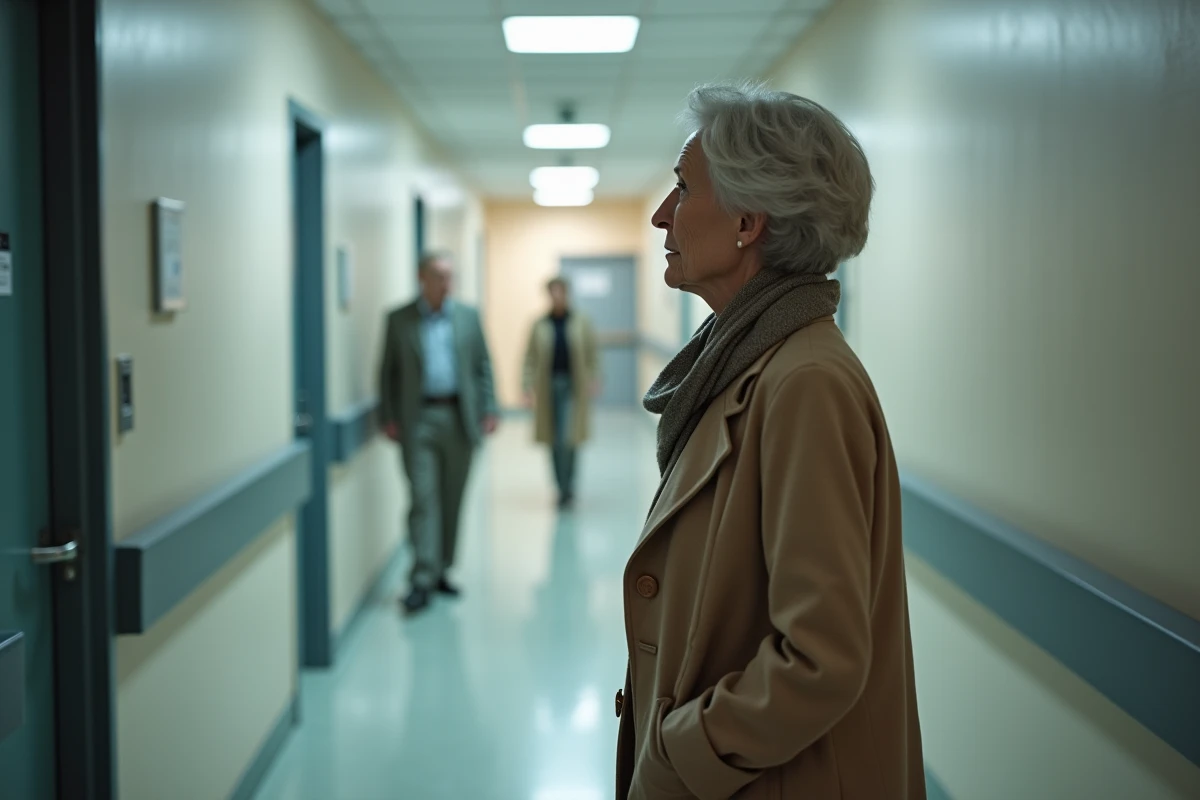 Femme en manteau beige dans un couloir d