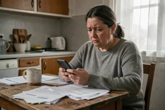 Femme inquiète consultant son téléphone face à des factures en attente de versement RSA