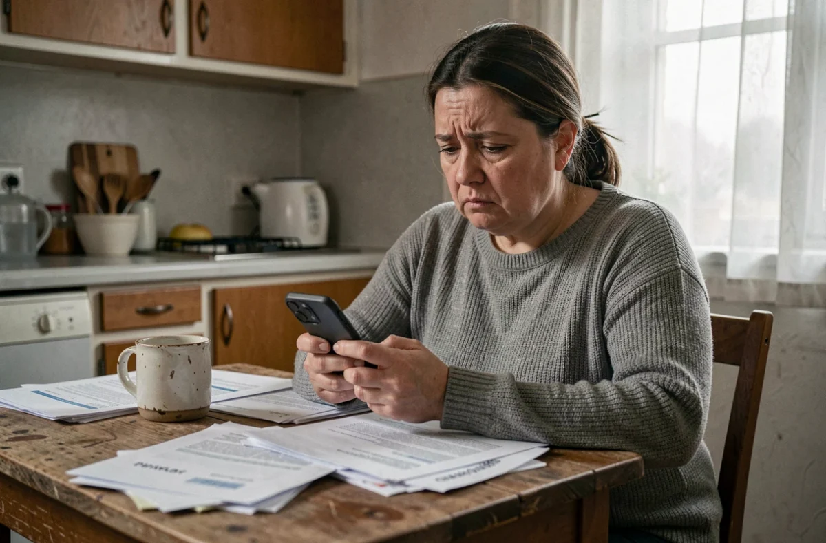 Femme inquiète consultant son téléphone face à des factures en attente de versement RSA