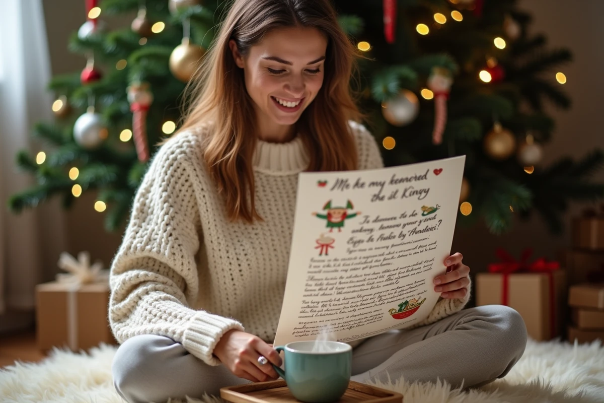 Femme en pull en laine lisant une lettre de lutin farceur près d'un sapin de Noël décoré dans une ambiance chaleureuse et féerique