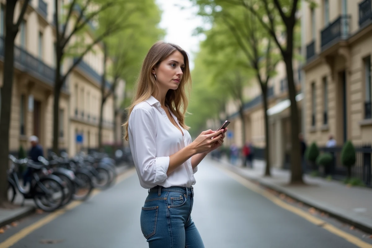 Femme dans une rue parisienne en tenue décontractée