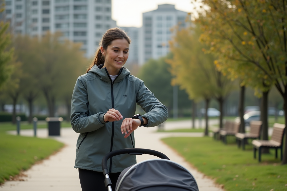 Femme en athleisure marche dans un parc urbain avec poussette