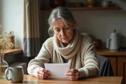 Femme méditative tenant une carte de condoleances dans la cuisine