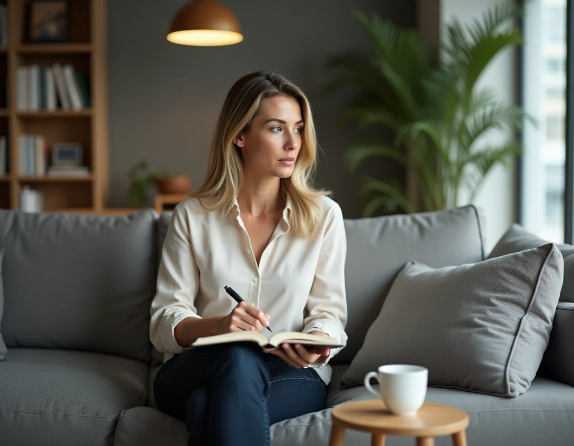 Femme seule réfléchissant et écrivant dans un journal intime, symbolisant la réflexion personnelle sur les limites et les règles dans une relation secrète