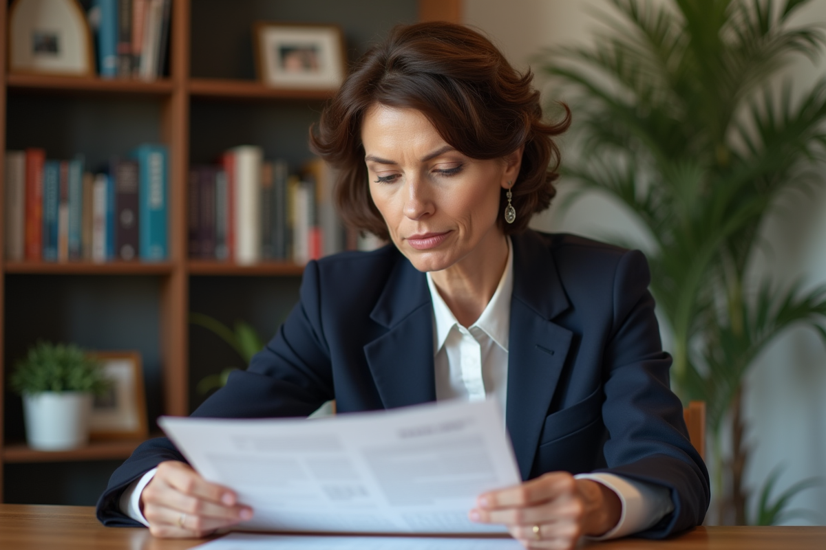 Femme d'âge moyen en costume bleu dans un bureau cosy
