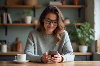 Femme d'âge moyen utilisant son smartphone dans un intérieur cosy