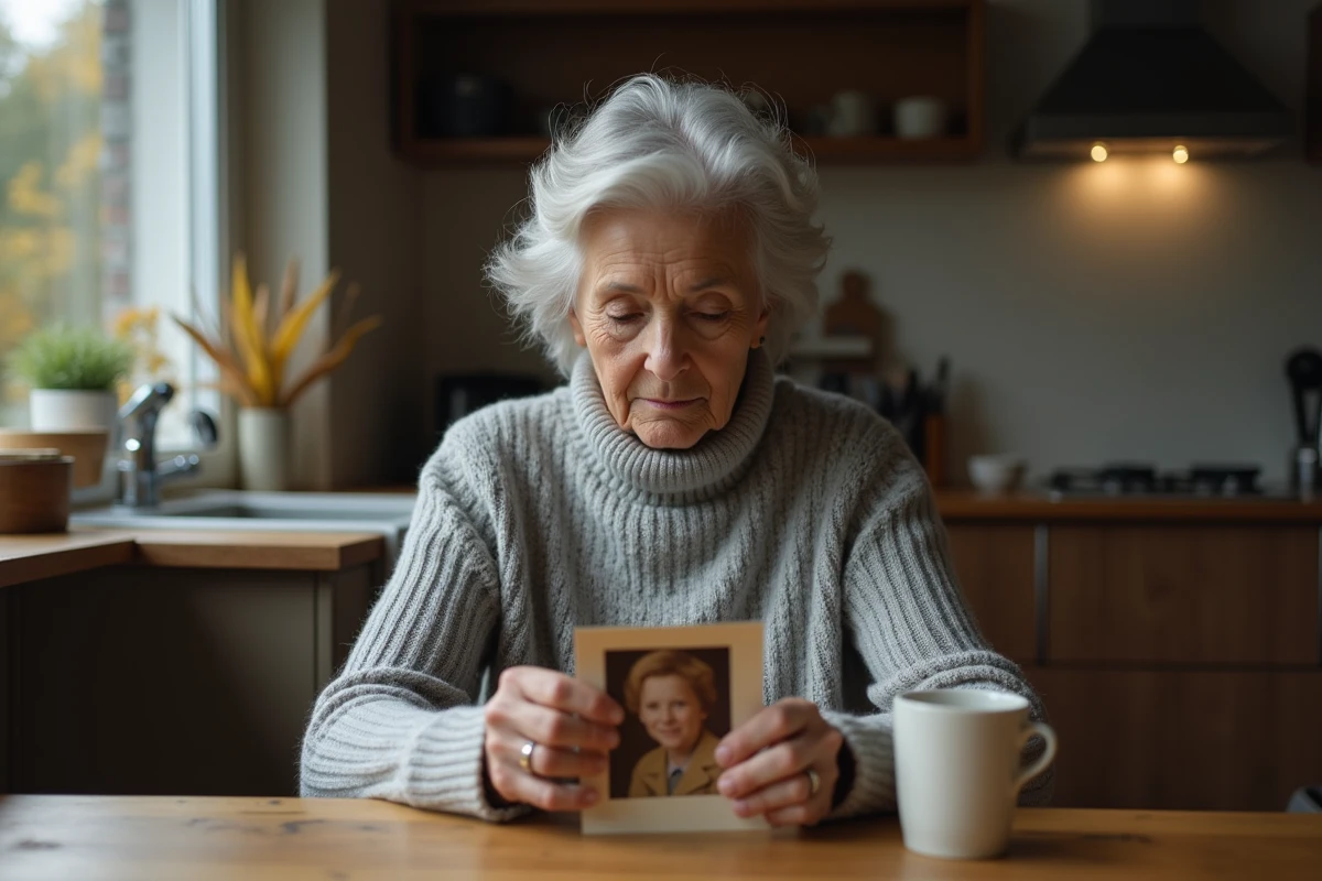 Femme âgée tenant une photographie ancienne avec émotion lors de l'anniversaire du décès d'un proche