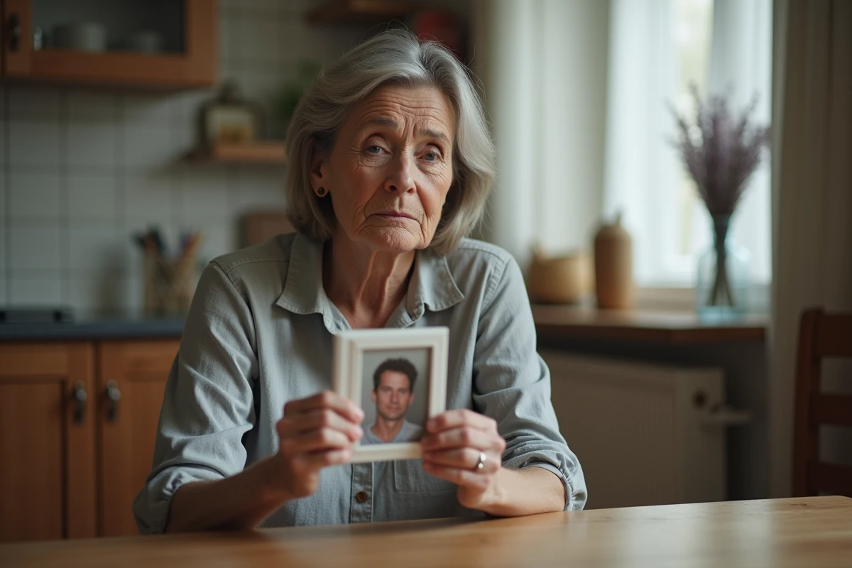 Femme tenant une photo encadrée de sa mère décédée lors du premier anniversaire de son deuil