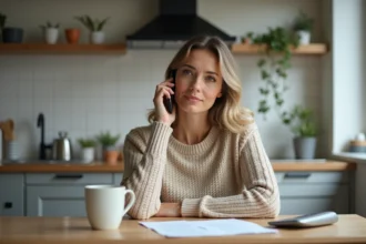 Femme adulte téléphonant au service Pajemploi depuis sa cuisine pour obtenir de l'aide administrative