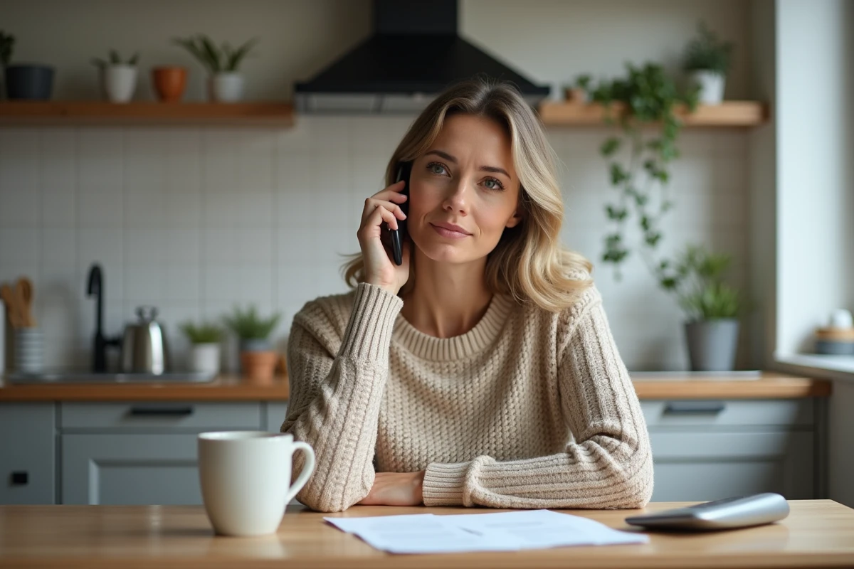 Femme adulte téléphonant au service Pajemploi depuis sa cuisine pour obtenir de l'aide administrative