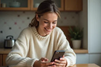 Femme en pull crème utilise smartphone dans la cuisine