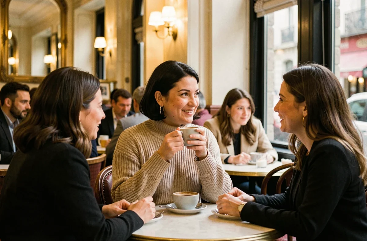 Trois femmes discutant autour d'une table dans une brasserie parisienne traditionnelle, ambiance chaleureuse et conviviale, l'une d'elles affichant une silhouette arrondie