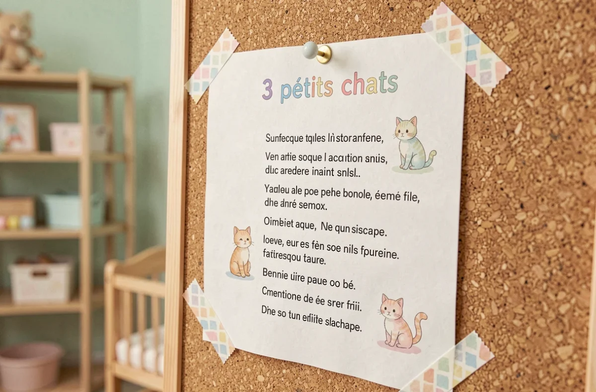 Fiche A4 des paroles de 3 petits chats affichée sur un tableau en liège dans une chambre d'enfant