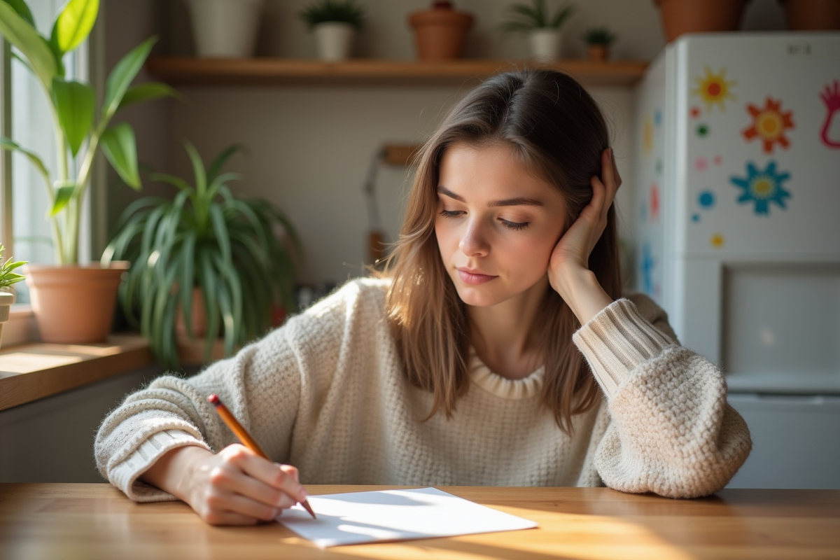 Jeune femme écrit une carte d