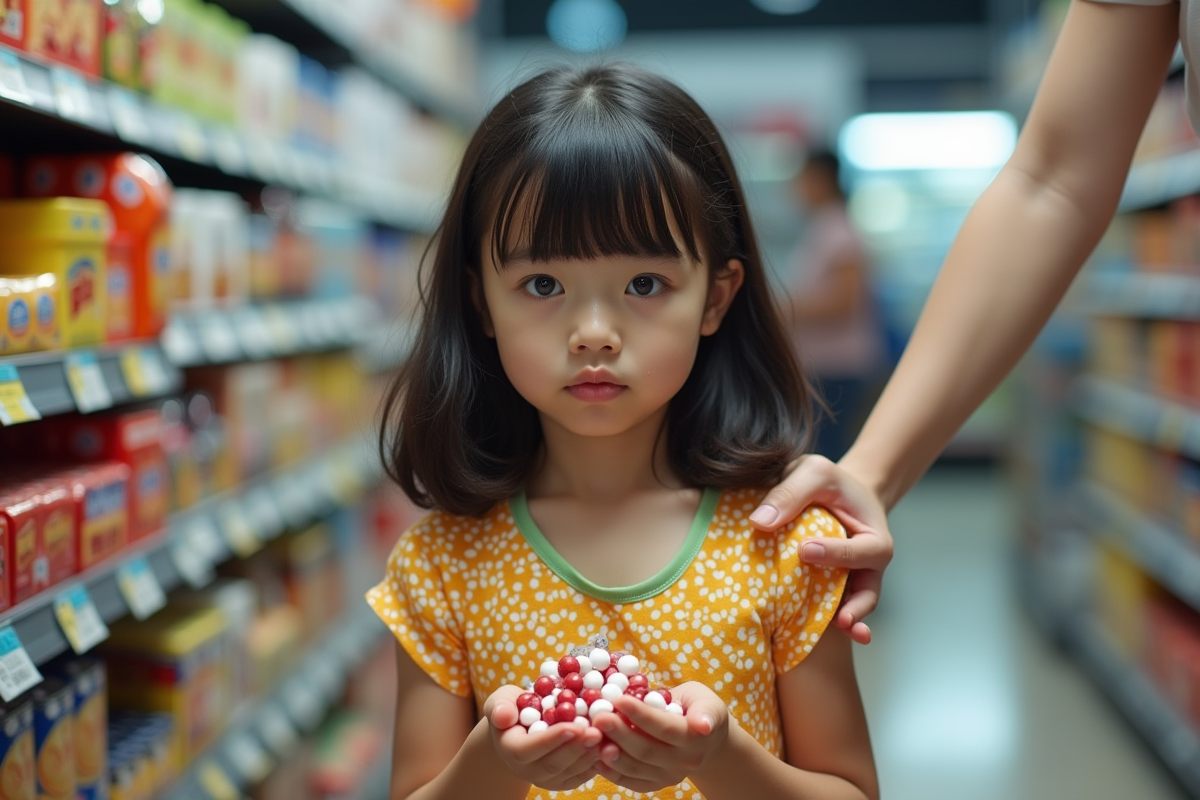 Fille de 9 ans avec bonbons au supermarche