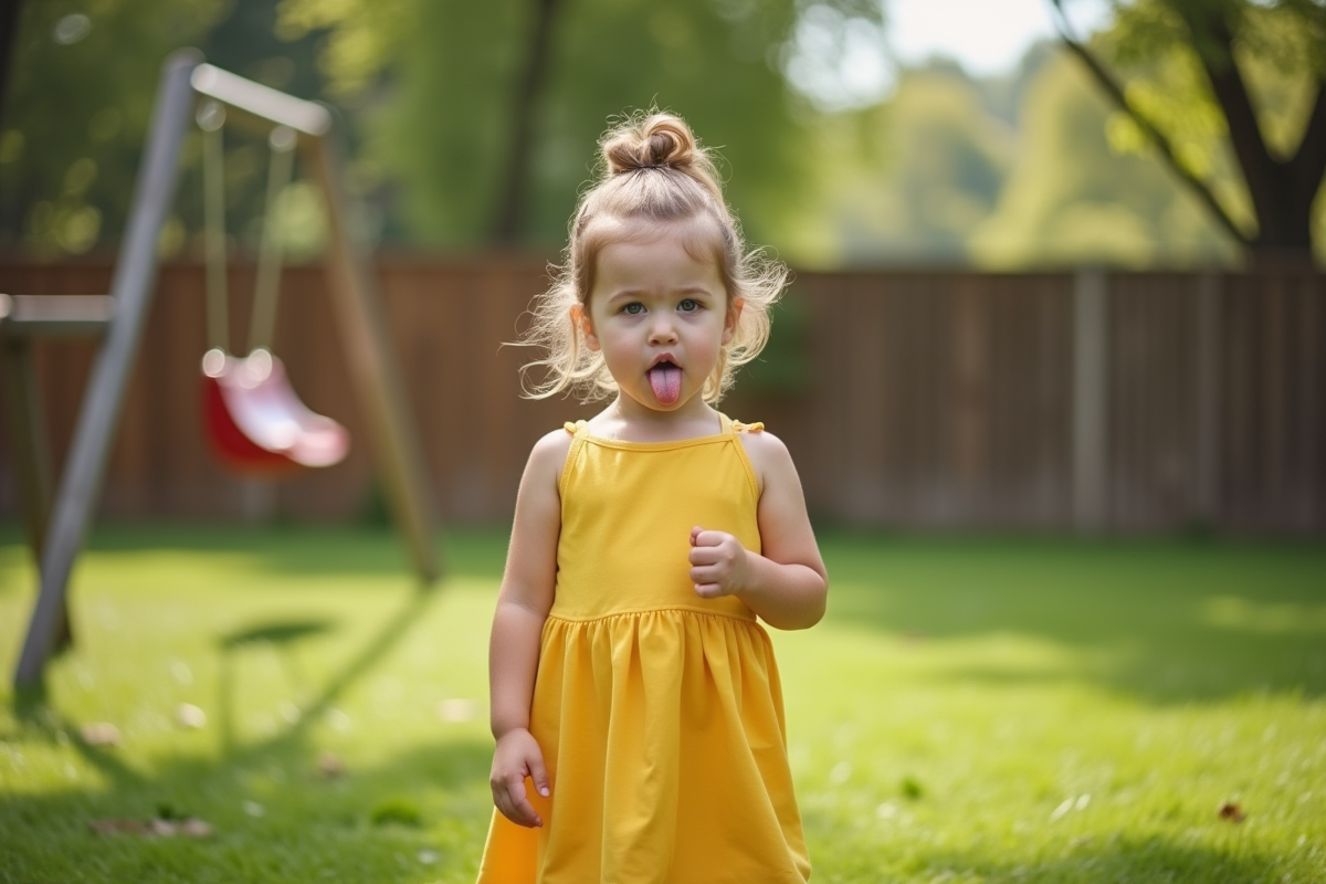 Fille de trois ans en robe jaune dans un parc en plein air