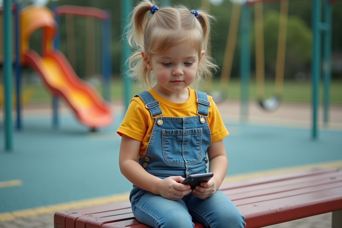 Fille de 6 ans assise seule sur un banc de playground