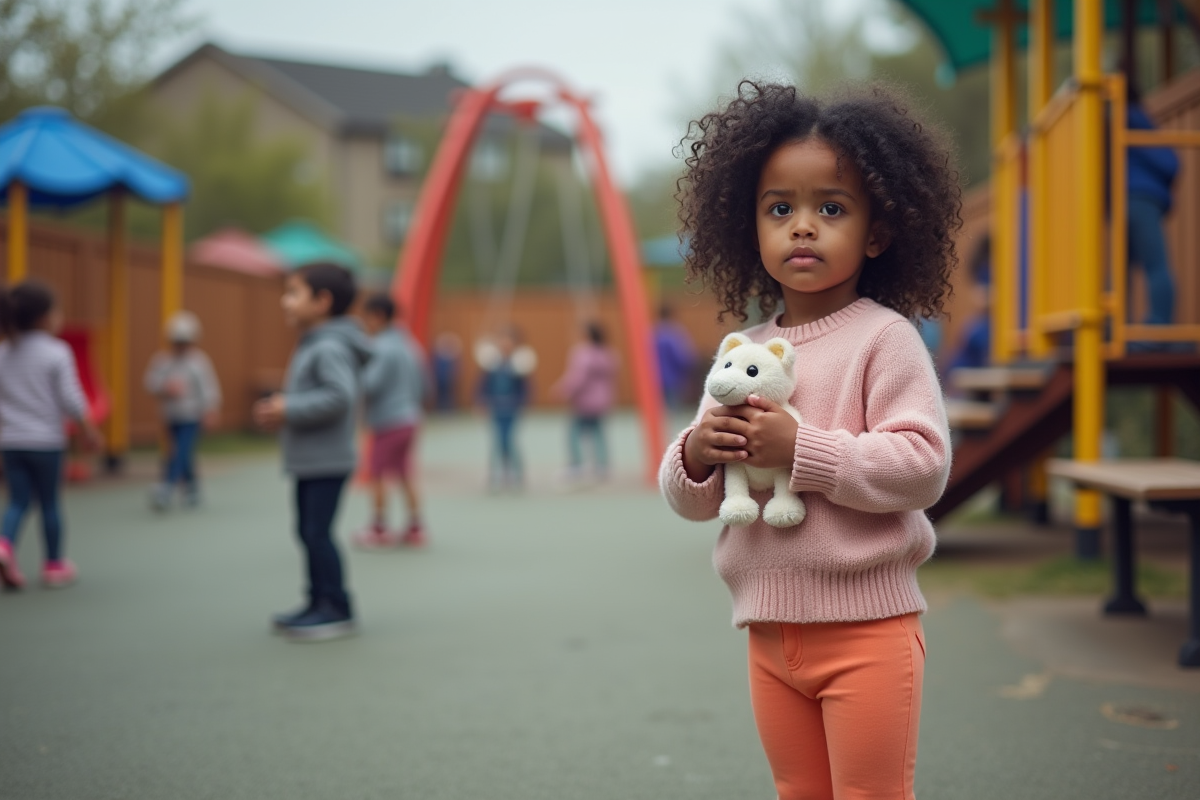 Fille de trois ans dans un parc jouant avec un jouet en peluche