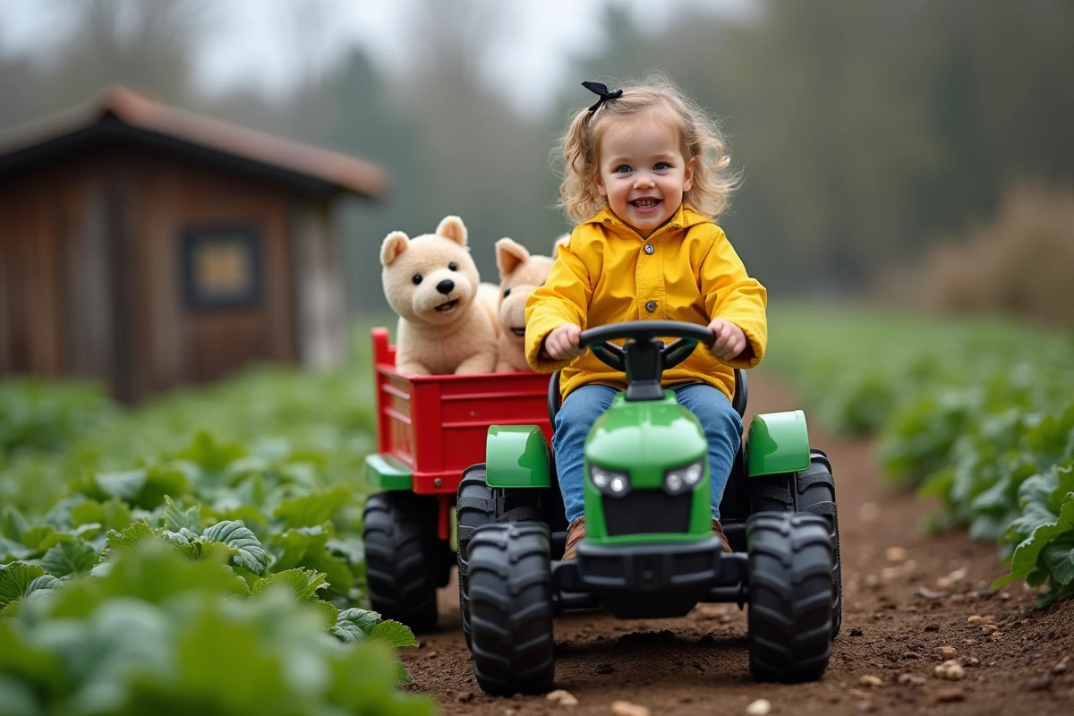 Petite fille en imperméable jaune avec tracteur dans le jardin