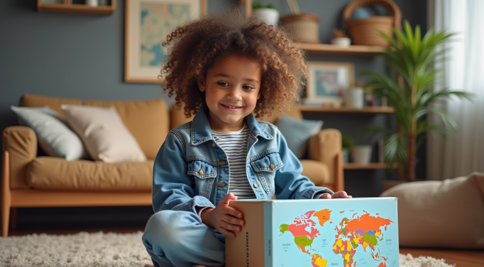 Jeune fille de 7 ans souriante avec boîte voyage