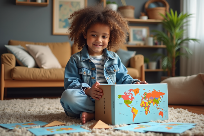 fille-jeunesse-cadeau-voyage Jeune fille de 7 ans souriante avec boîte voyage