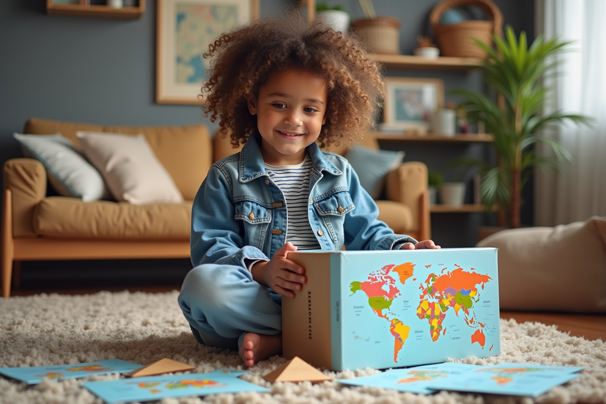 Jeune fille de 7 ans souriante avec boîte voyage