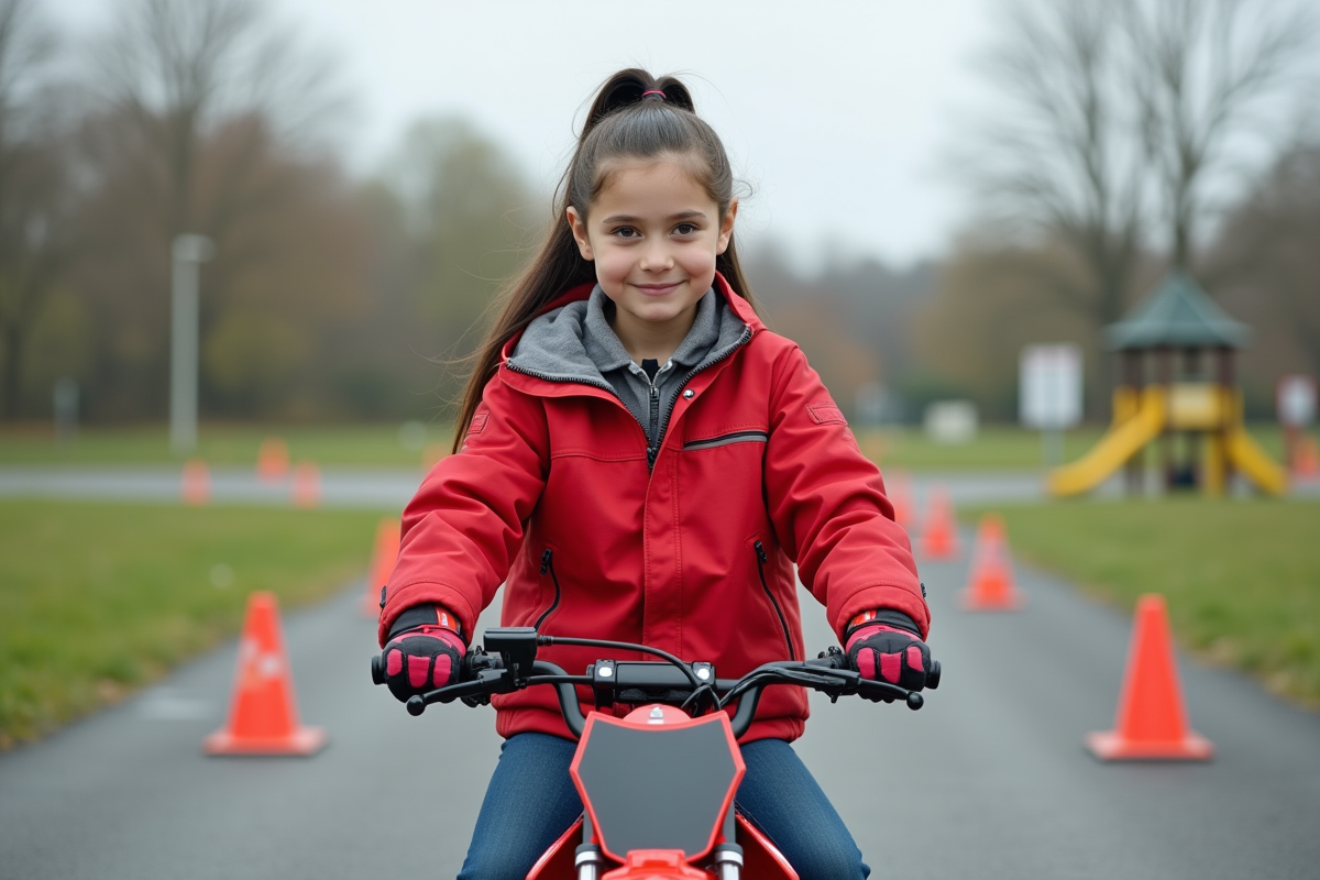 Fille de 10 ans en motocross dans un parc suburbain
