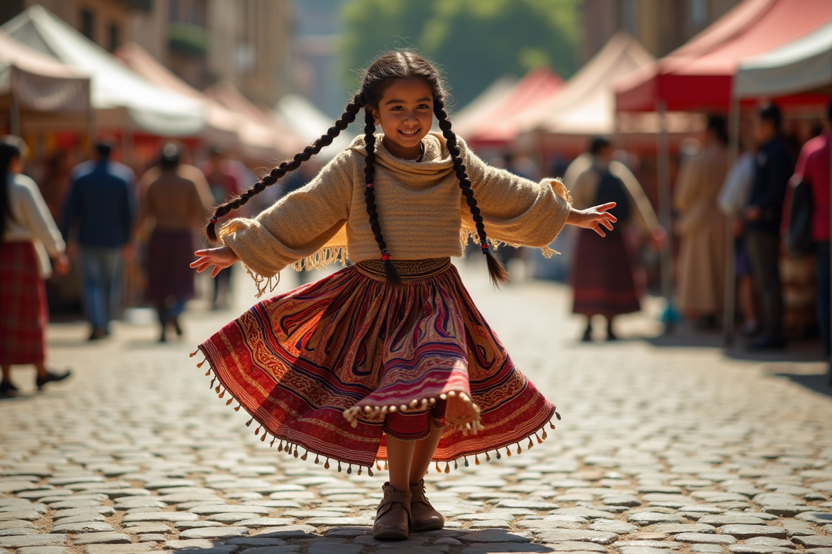 Jeune fille romani en danse dans un marché coloré