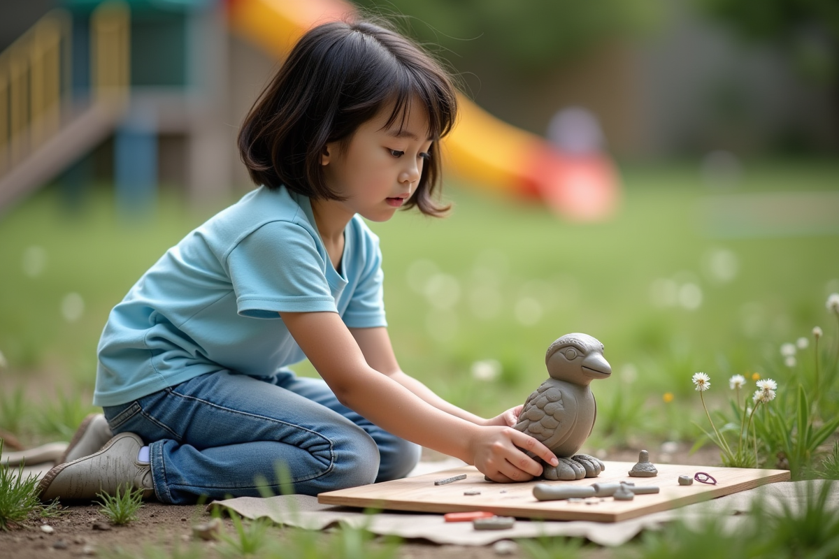 Jeune fille sculptant une oiseau en argile dans le jardin