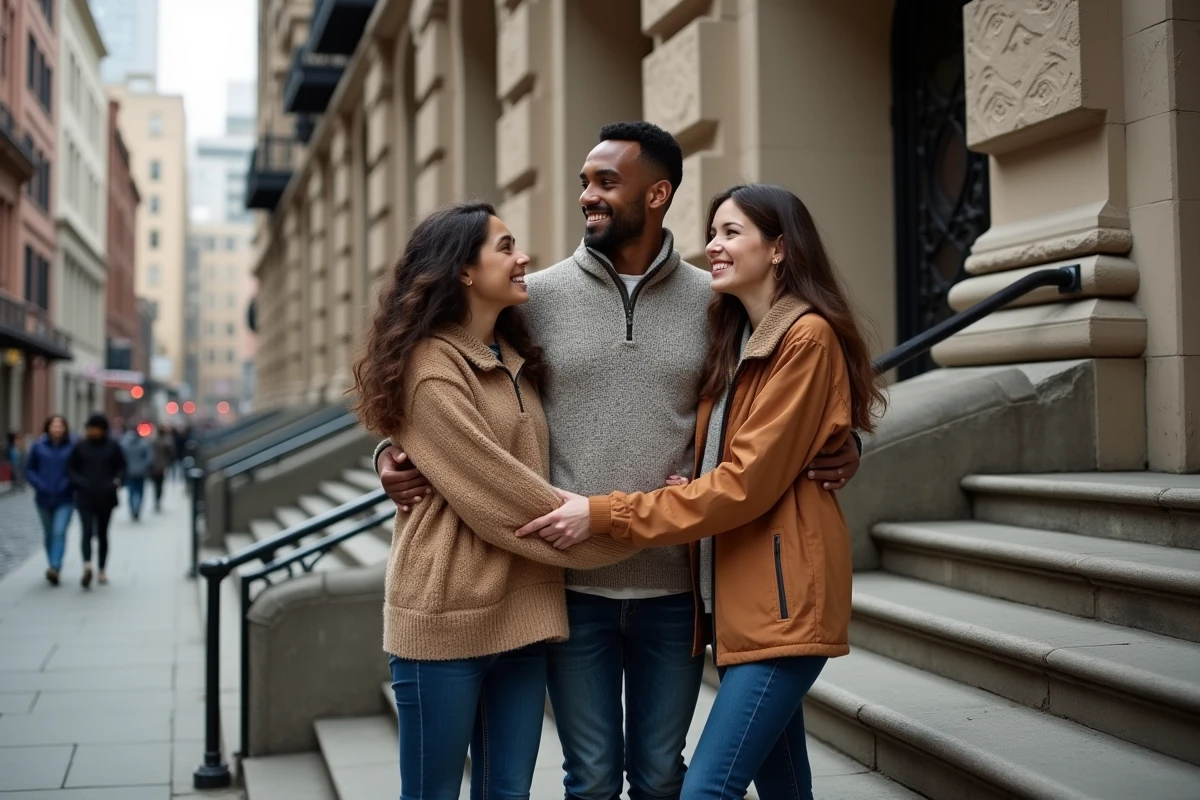 Groupe de frères et sœurs adultes devant un bâtiment historique symbolisant l'histoire familiale des Turner