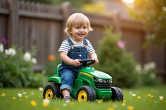 Bébé garçon sur un tracteur électrique dans le jardin