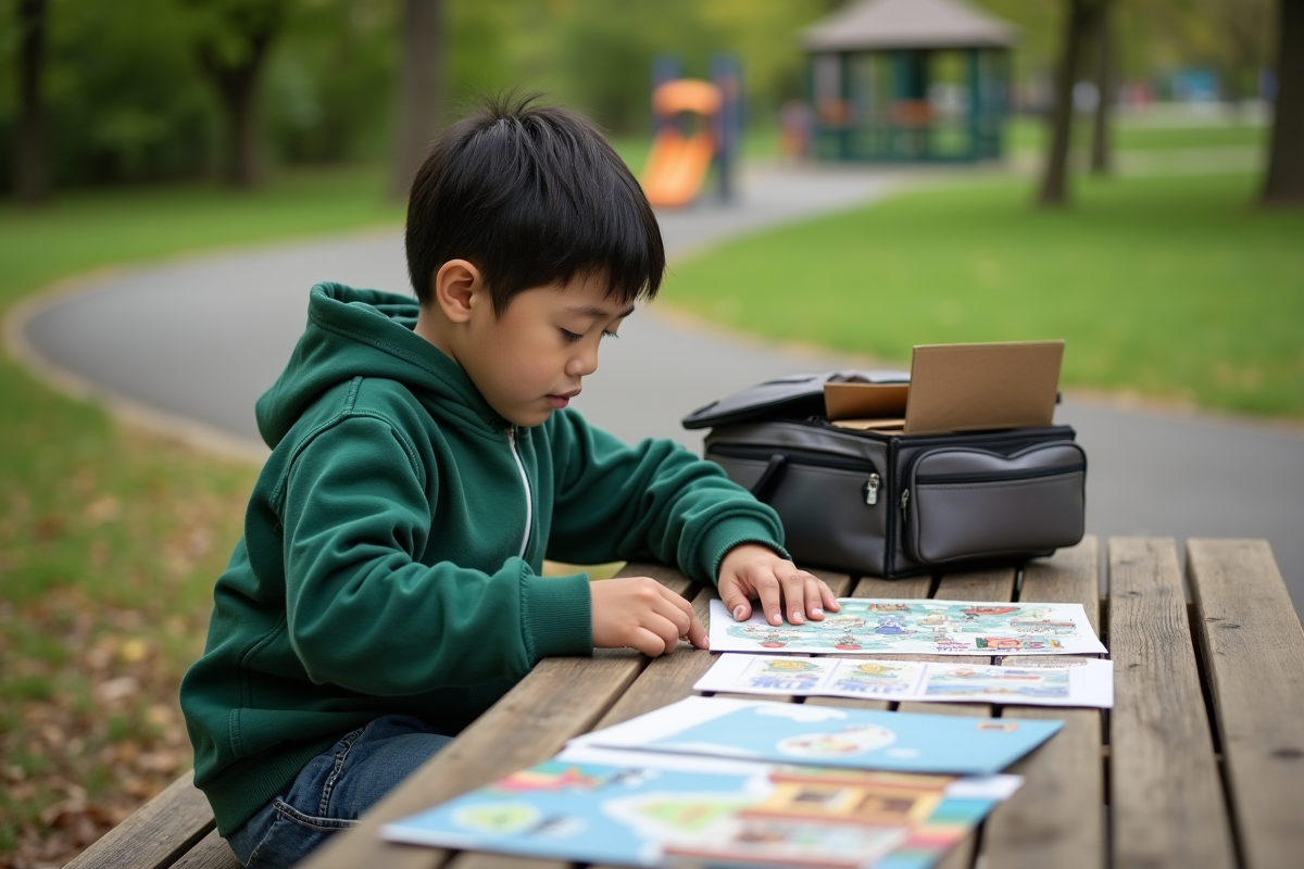 Garçon de 9 ans assemble projets dans un parc