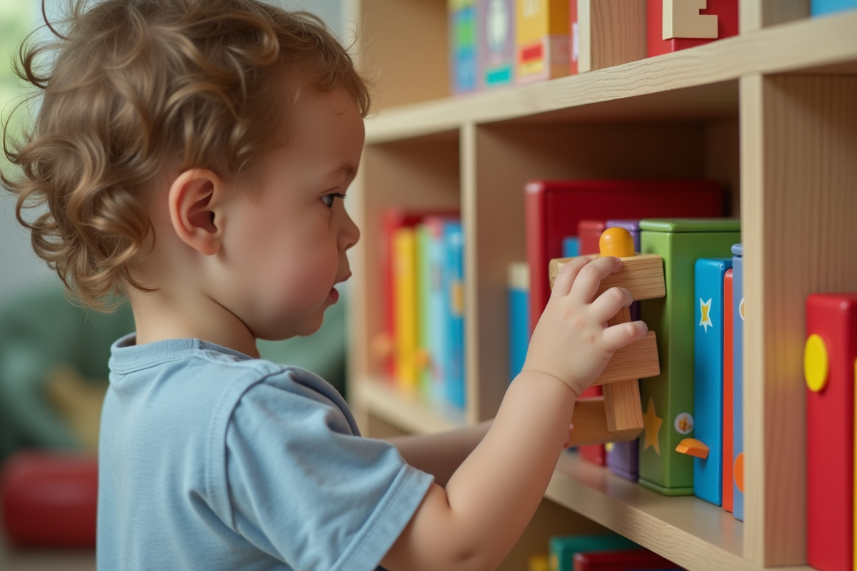 Garçon concentré choisissant un bloc en bois dans une salle de jeux