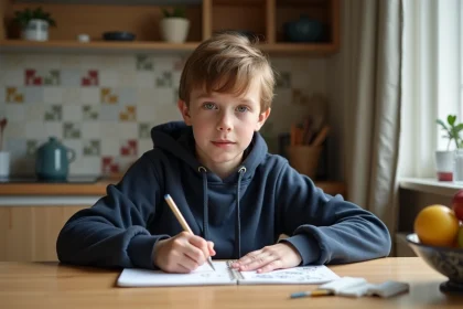 Garçon de 10 ans dessinant dans sa cuisine chaleureuse