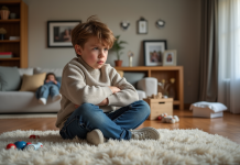 Garçon de 7 ans frustré avec jouets dans un salon moderne