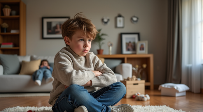 Garçon de 7 ans frustré avec jouets dans un salon moderne