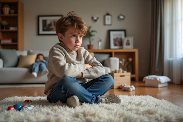 Garçon de 7 ans frustré avec jouets dans un salon moderne