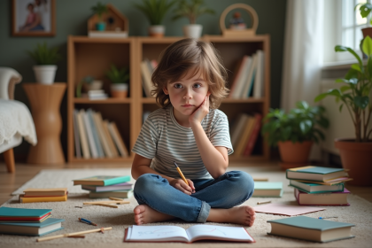 Garçon de 8 ans pensif lisant dans un salon chaleureux