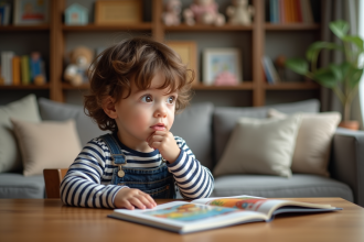 Garçon de trois ans lisant un livre coloré dans un salon chaleureux