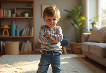 Garçon de trois ans en jeans et rayé dans un salon cosy