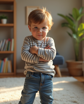 Garçon de trois ans en jeans et rayé dans un salon cosy