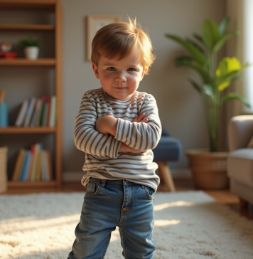 Enfants de 3 ans : comprendre et gérer l’impertinence Garçon de trois ans en jeans et rayé dans un salon cosy