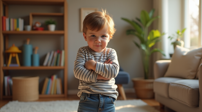 Garçon de trois ans en jeans et rayé dans un salon cosy