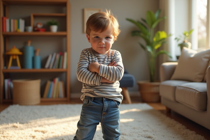 Garçon de trois ans en jeans et rayé dans un salon cosy