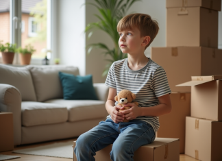 Effets du déménagement fréquent sur les enfants : vrais impacts et solutions Garçon de sept ans assis sur une boîte dans un salon en transition