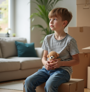 Effets du déménagement fréquent sur les enfants : vrais impacts et solutions Garçon de sept ans assis sur une boîte dans un salon en transition