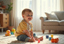 Garçon de 3 ans assis sur un tapis lumineux avec jouets éducatifs