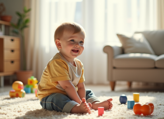 Garçon de 3 ans assis sur un tapis lumineux avec jouets éducatifs