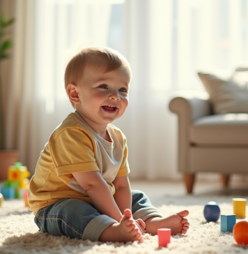 Garçon de 3 ans assis sur un tapis lumineux avec jouets éducatifs