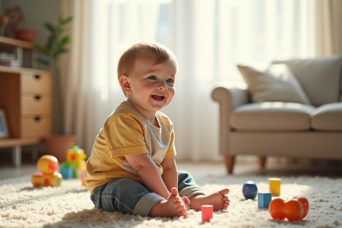 Garçon de 3 ans assis sur un tapis lumineux avec jouets éducatifs